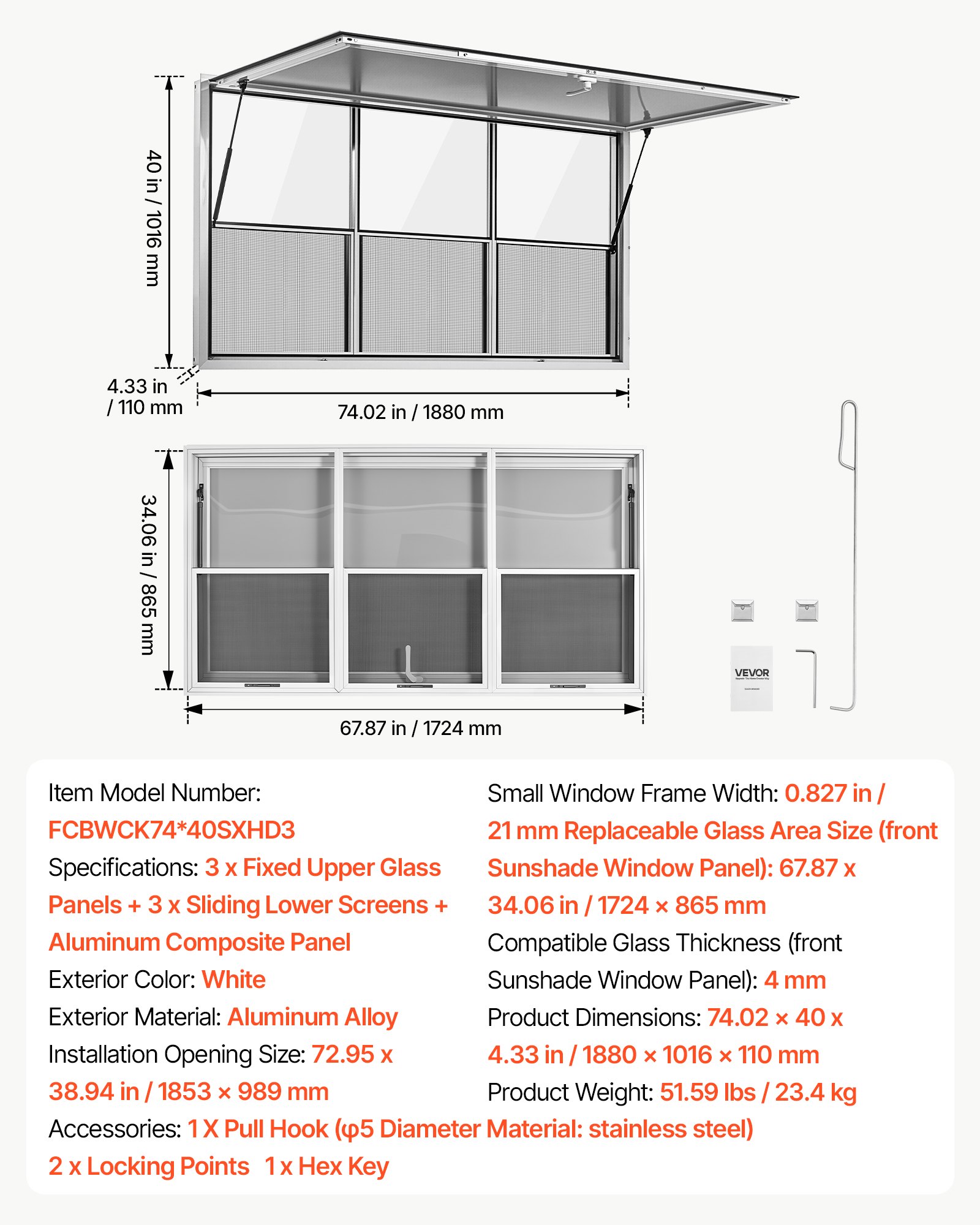 VEVOR 1880x1016 mm Aluminum Concession Service Window for Food Truck, 3 Fixed & 3 Sliding Glass, 85° Awning, Rain-Resistant — изображение 7