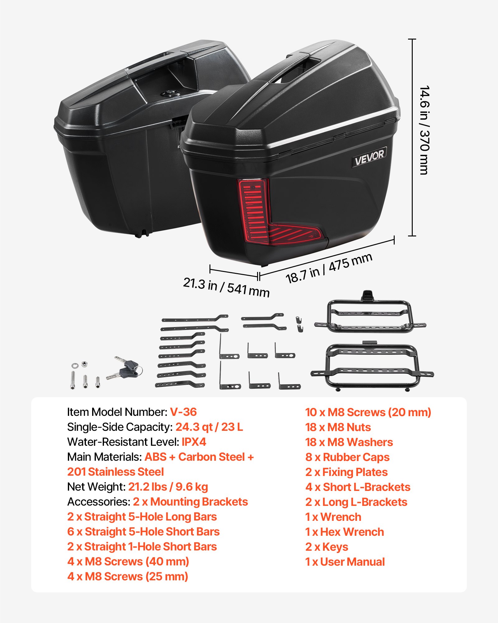 VEVOR 46L (2×23L) Universal ABS Motorcycle Side Cases, Waterproof Saddle Boxes with Locks & Reflectors, Set of 2 - Зображення 7