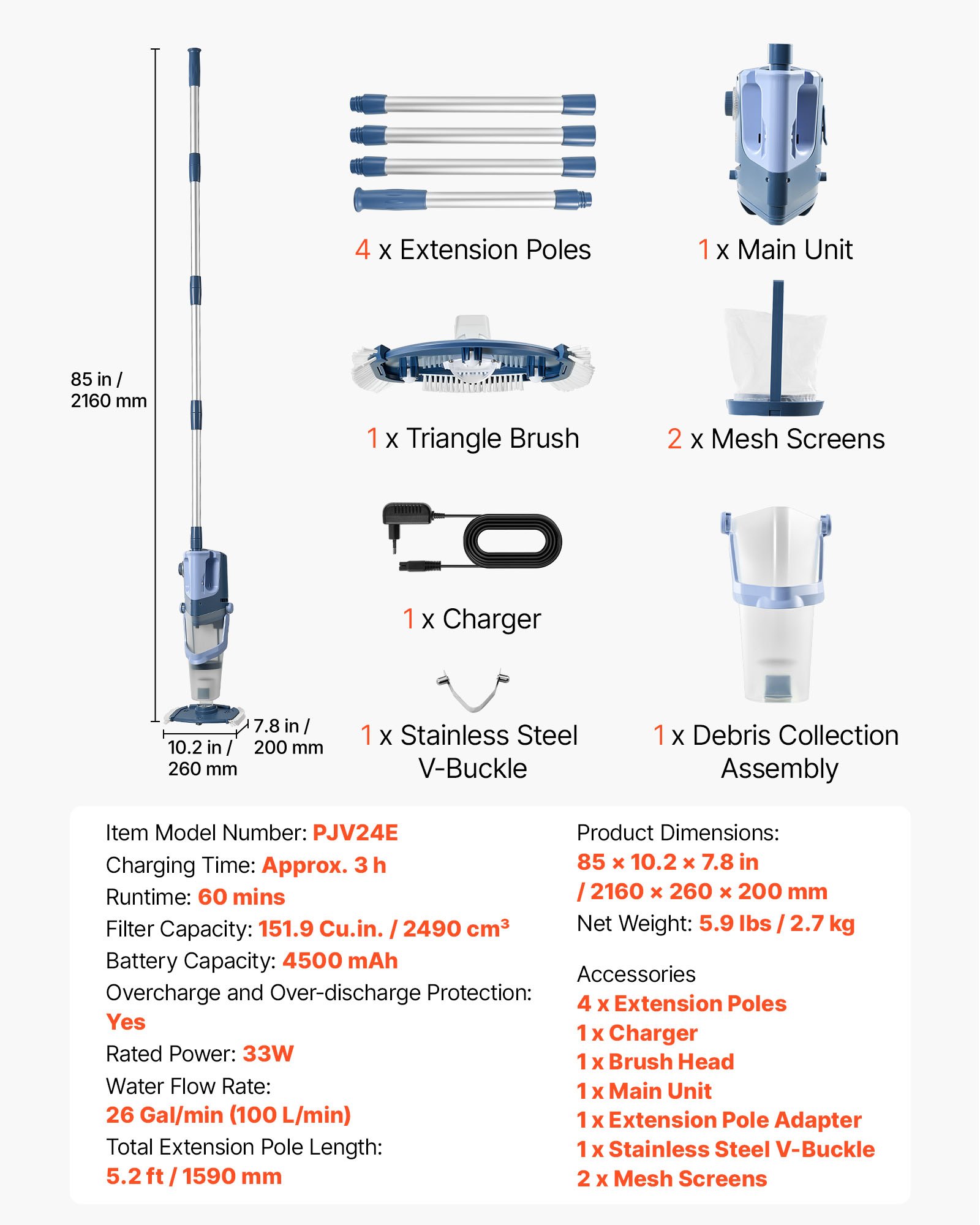 VEVOR Cordless Handheld Pool Vacuum 100 L/min, 5.2 m Pole, 60 min Runtime, Rechargeable Spa & Hot Tub Cleaner for Above-Ground Pools — изображение 7