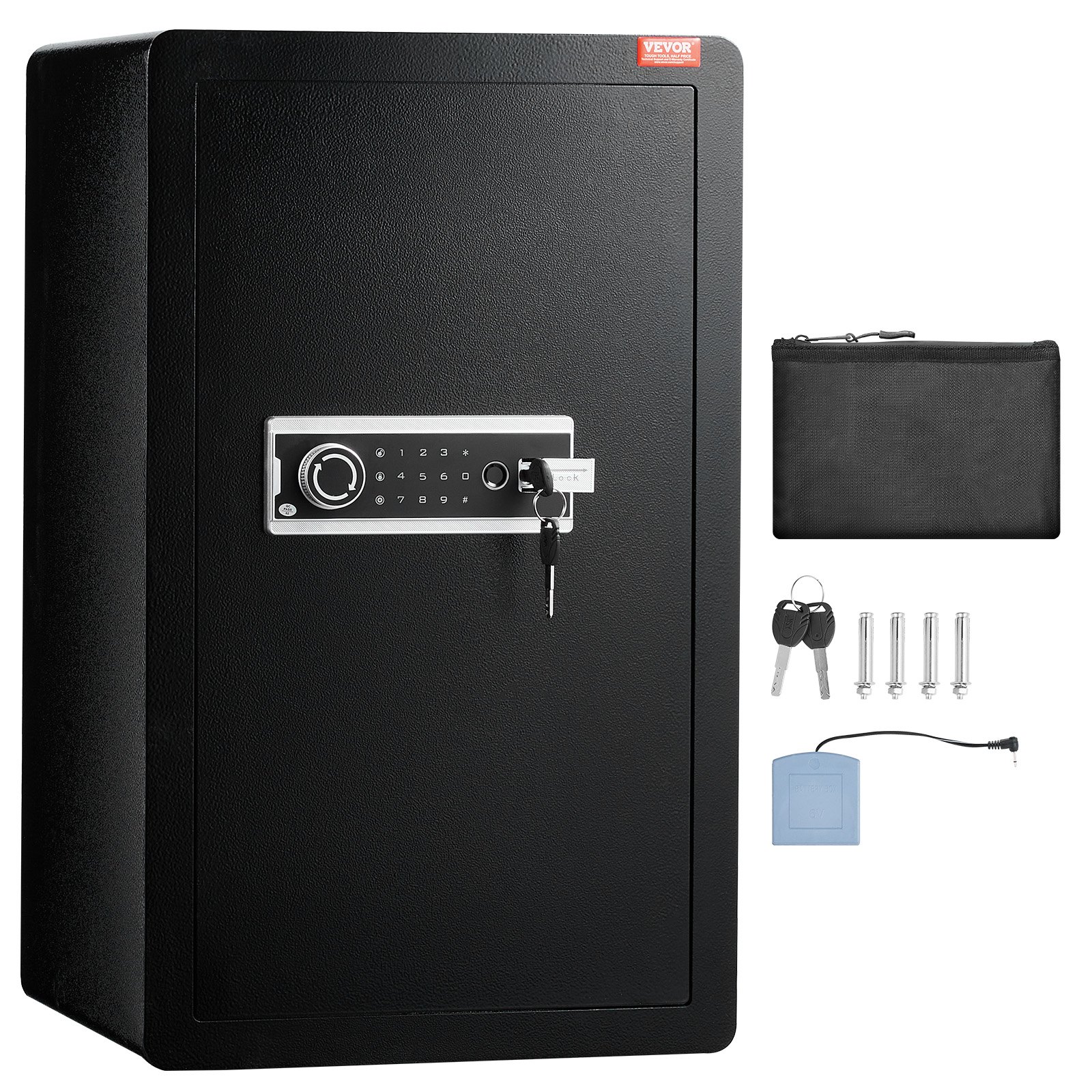 VEVOR 113L Single Door Safe Box, Key, Code & Fingerprint Lock, Fireproof Bag, LED, 2 Shelves, Alarm, Black Steel Home Office Safe - Зображення 9