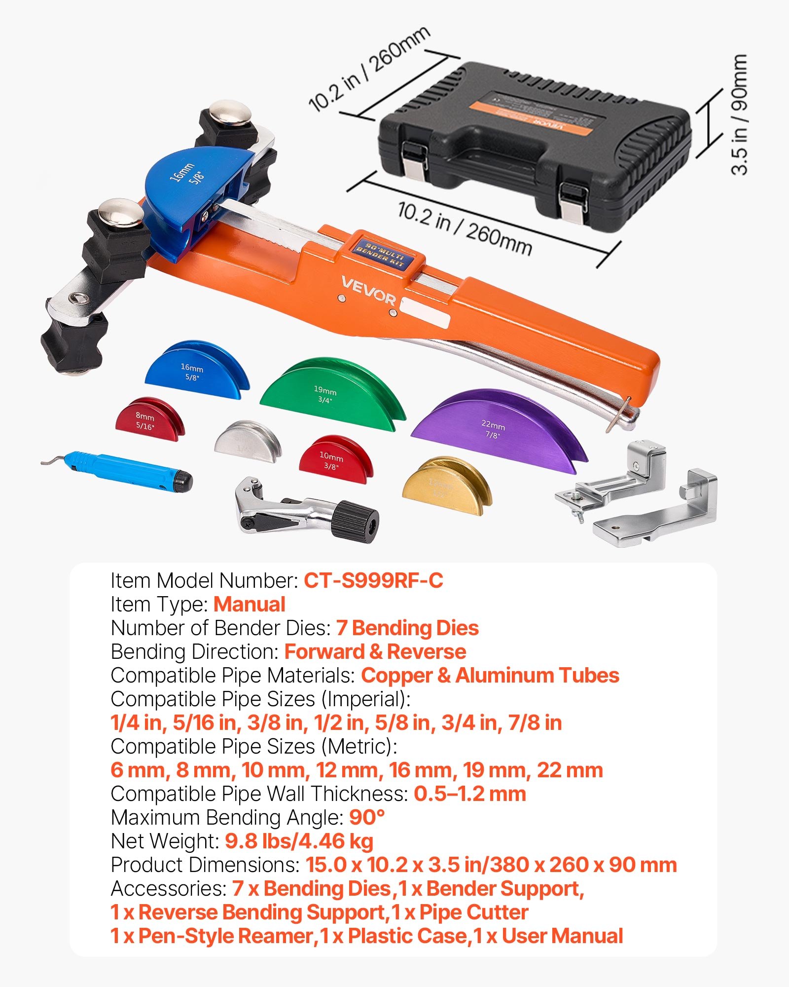 VEVOR Ratcheting Tube Bender Kit 6–22 mm with 7 Aluminum Dies for Copper & Aluminum HVAC, Refrigeration, Plumbing - Pilt 7