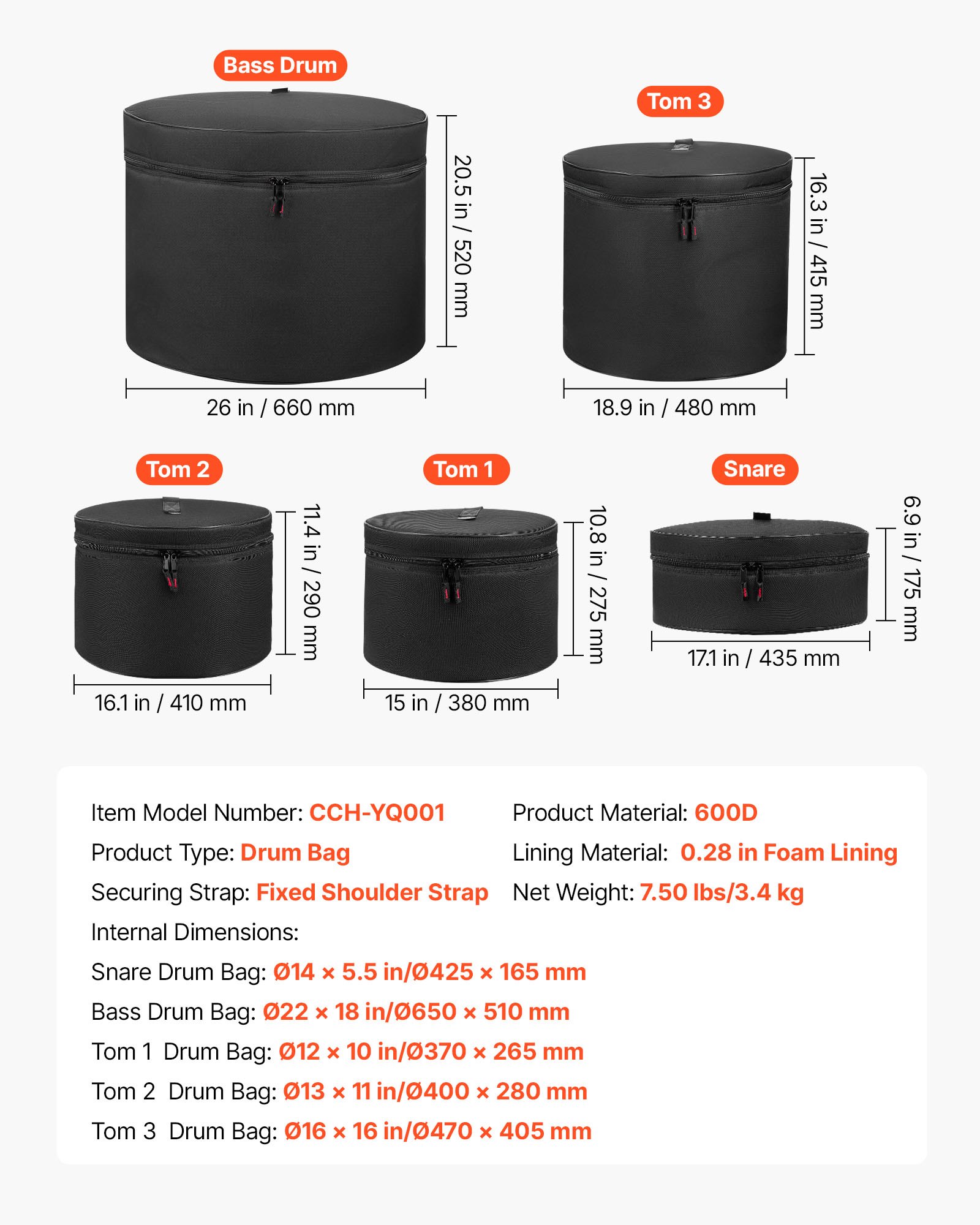 VEVOR 5-Piece Drum Bag Case Set, 600D Padded, for 56 cm Bass, 30/33/41 cm Tom, 36 cm Snare, Lightweight Travel Storage Covers — изображение 7