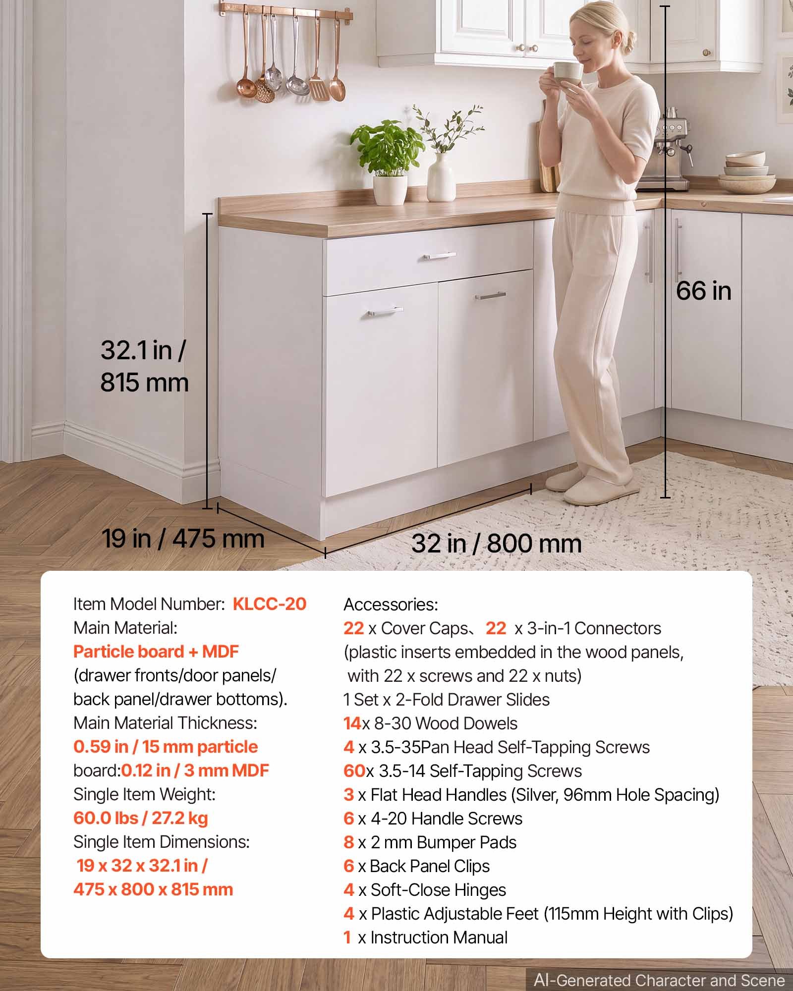VEVOR white shaker base cabinet 80x47.5x81.5 cm, 2 doors, 1 drawer, soft-close, adjustable shelf, RTA kitchen storage — attēls 7