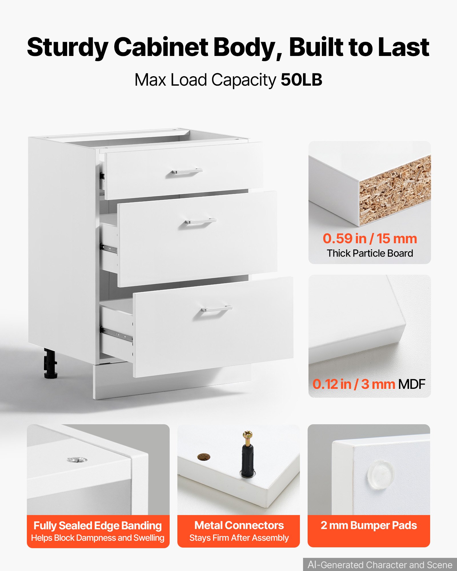 VEVOR White Shaker 3-Drawer Base Cabinet 60x47.5x81.5 cm, RTA Kitchen Storage Unit with Smooth Slide Rails — attēls 3