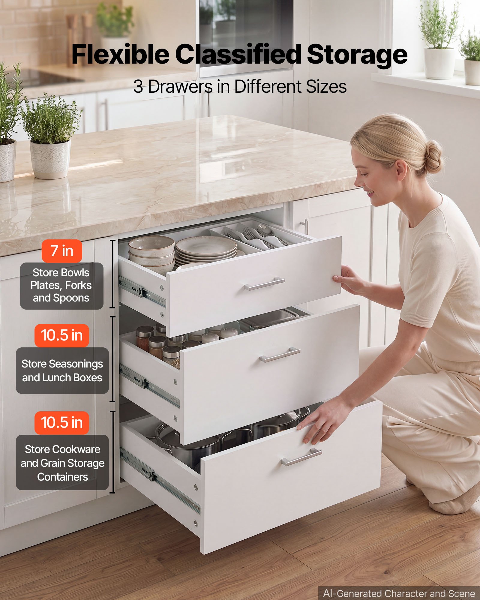 VEVOR White Shaker 3-Drawer Base Cabinet 60x47.5x81.5 cm, RTA Kitchen Storage Unit with Smooth Slide Rails — attēls 6