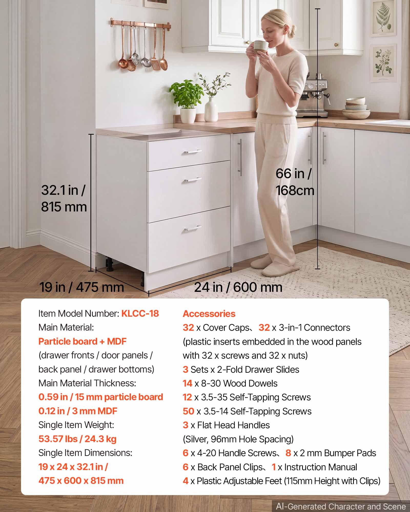 VEVOR White Shaker 3-Drawer Base Cabinet 60x47.5x81.5 cm, RTA Kitchen Storage Unit with Smooth Slide Rails — attēls 7