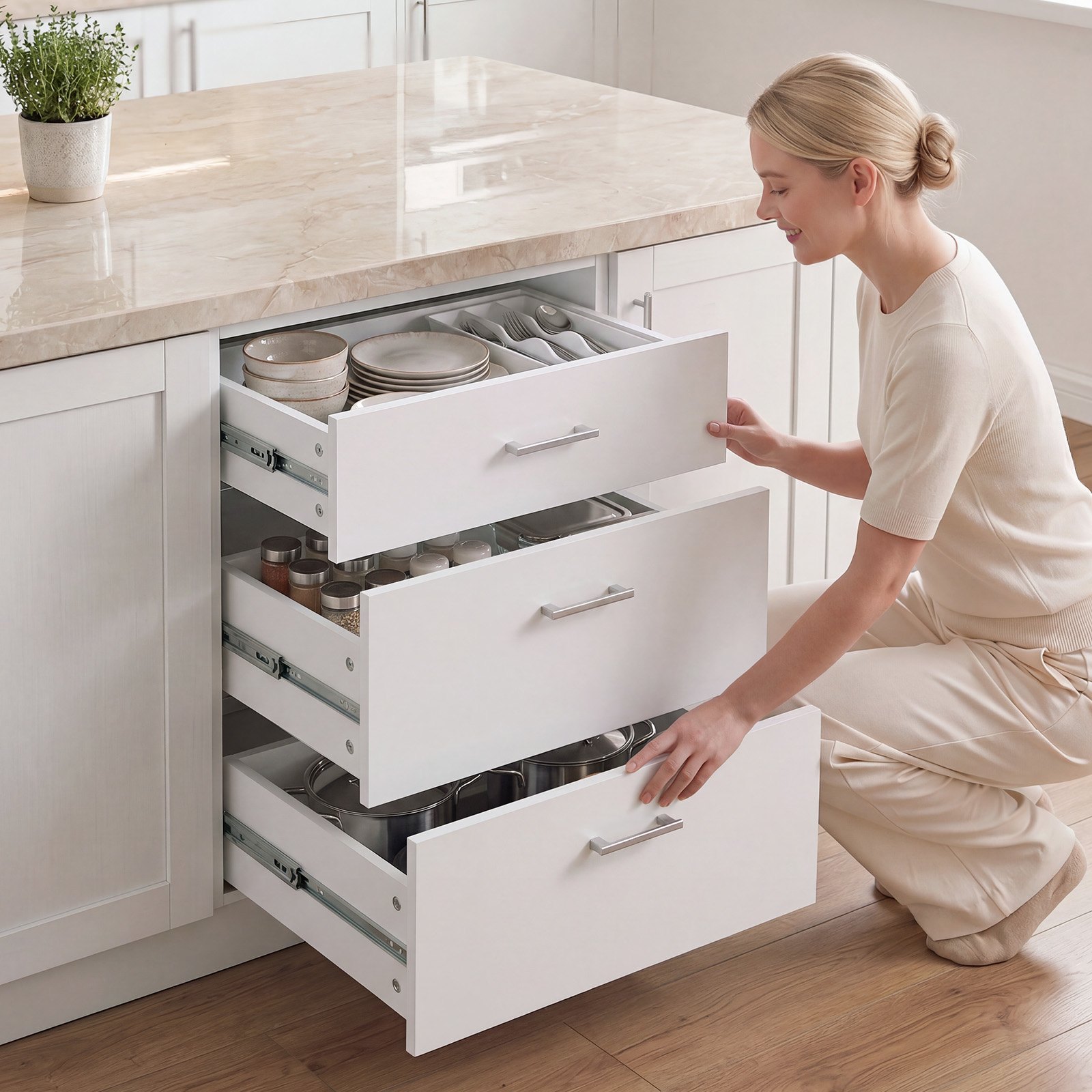 VEVOR White Shaker 3-Drawer Base Cabinet 60x47.5x81.5 cm, RTA Kitchen Storage Unit with Smooth Slide Rails — attēls 8